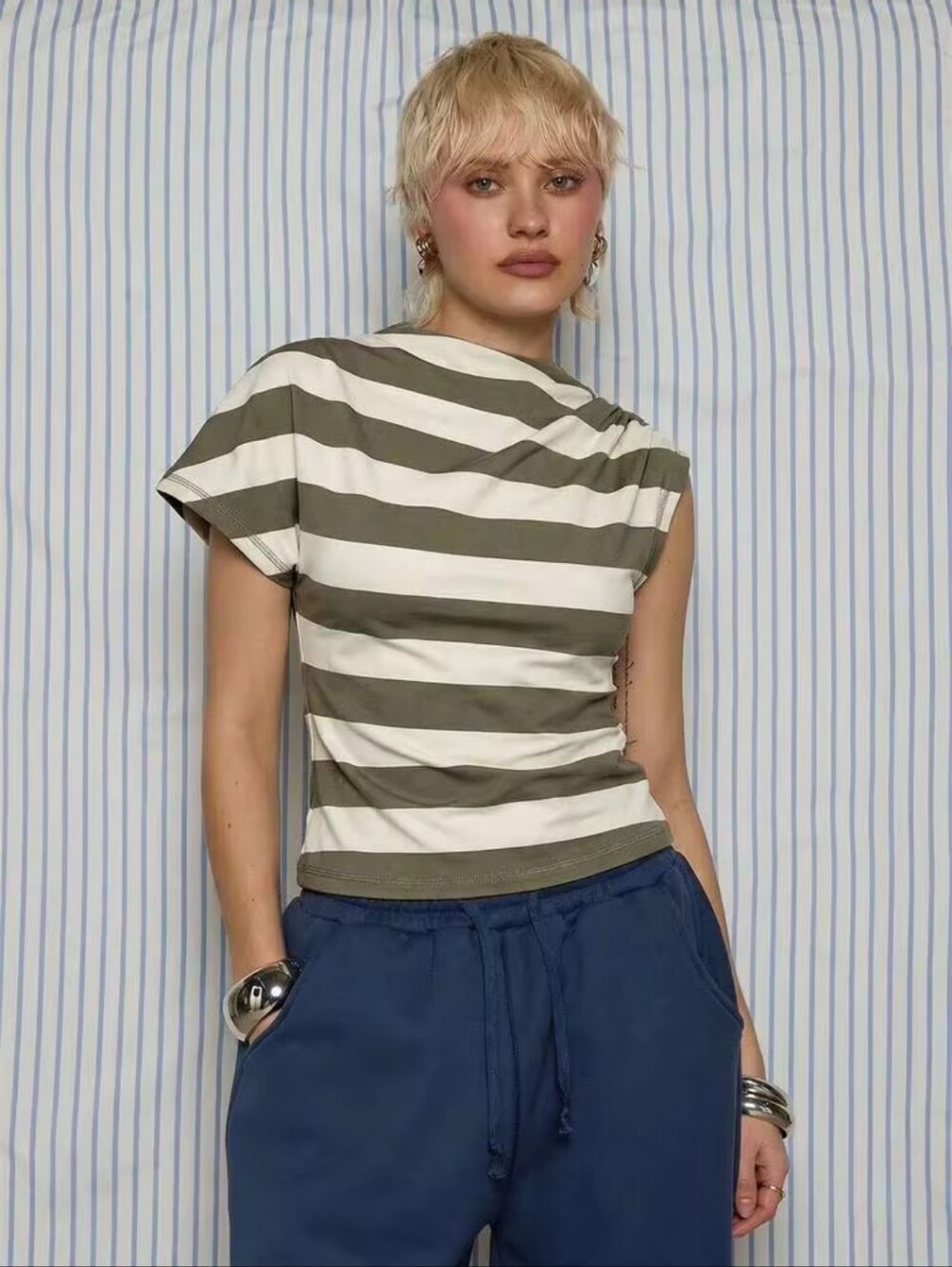 Striped Olive Green and White Short Sleeve Tee